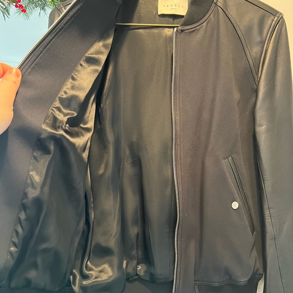 Sandro leather sleeve bomber jacket - Picture 3 of 5
